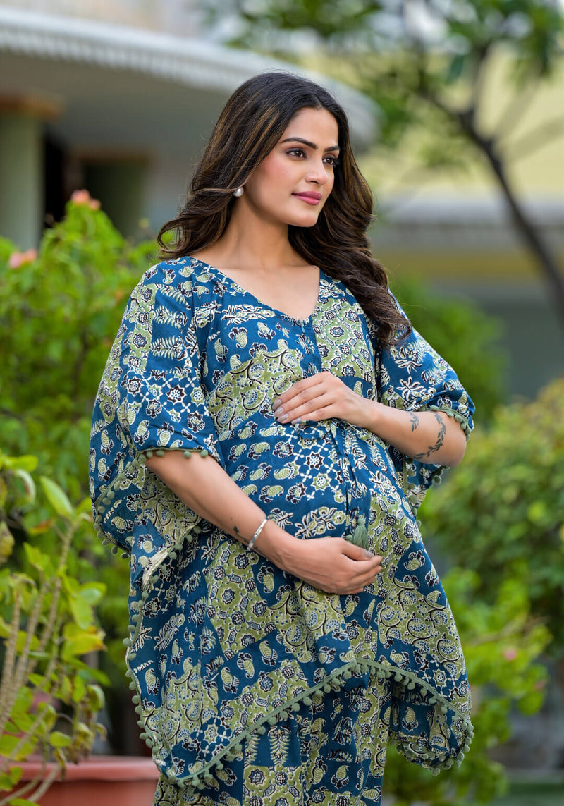 Blue Green Ethnic Print Maternity Feeding-Friendly Kaftan Night Suit with Concealed Zipper
