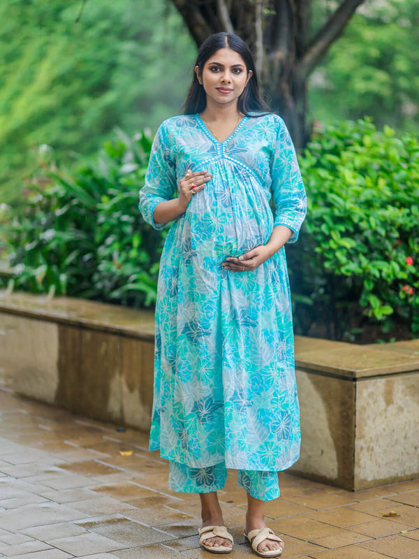 Turquoise Blue Floral Print Cotton Maternity & Feeding Flare Kurta Set with Concealed Zipper