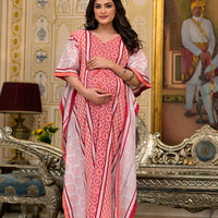 Peach Multi Ethnic Print Maternity & Feeding Kaftan Dress with Concealed Zipper