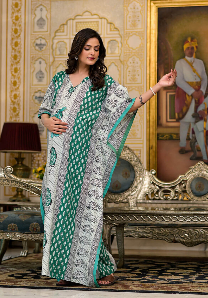 Green Multi Ethnic Print Maternity & Feeding Kaftan Dress with Concealed Zipper