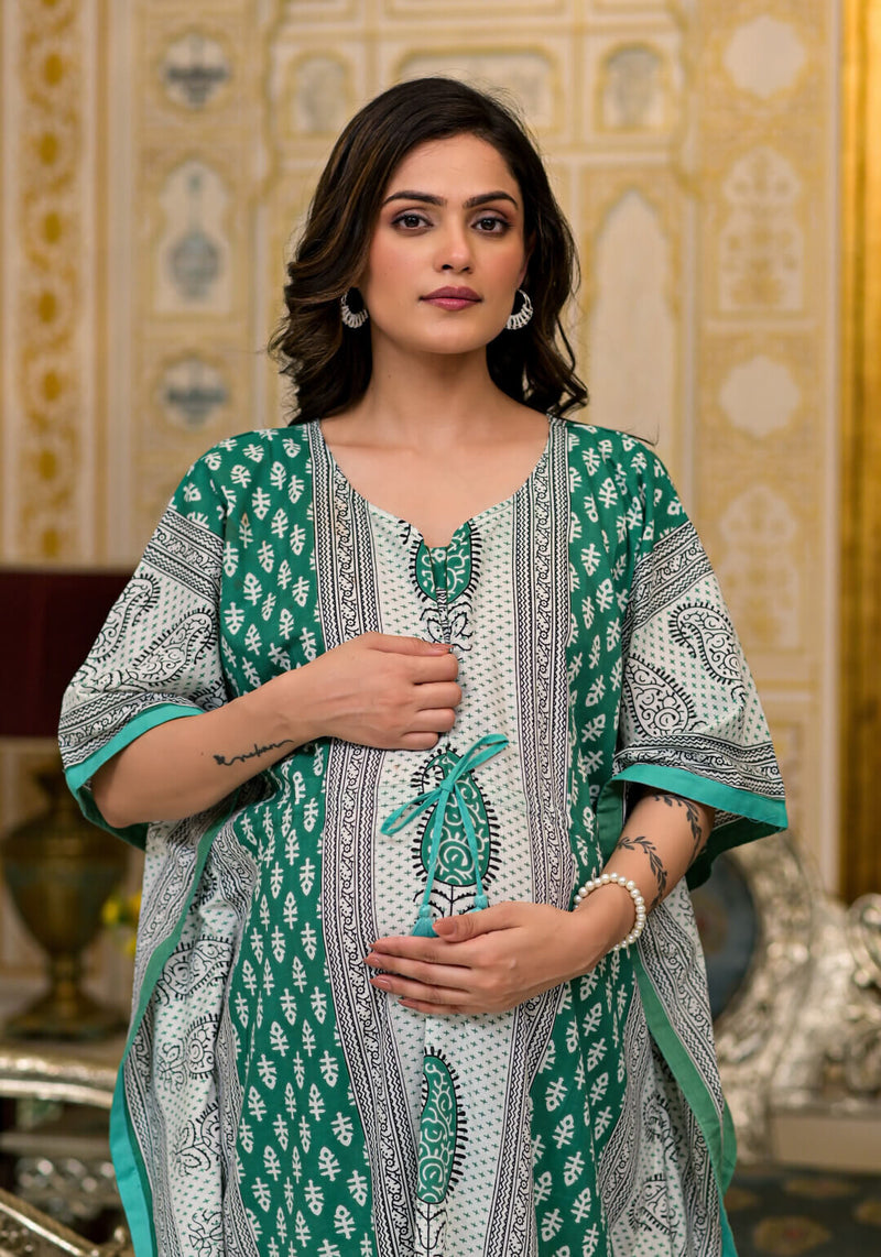 Green Multi Ethnic Print Maternity & Feeding Kaftan Dress with Concealed Zipper