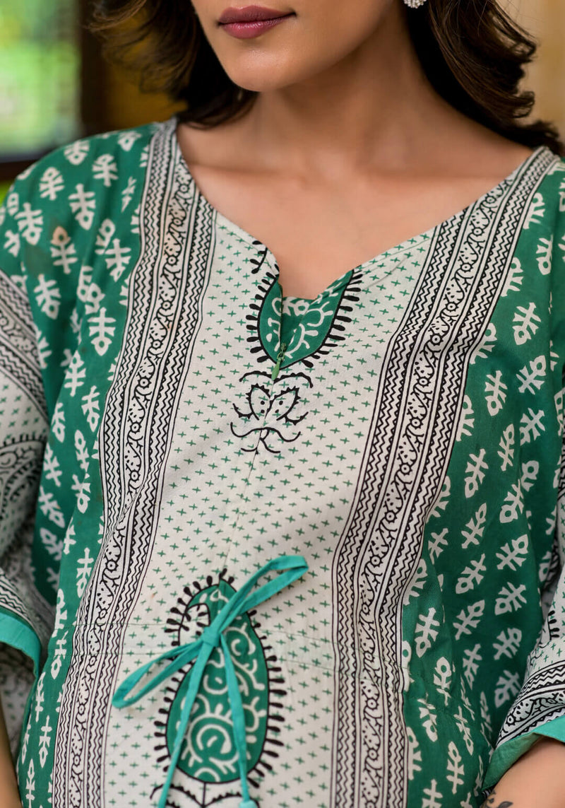 Green Multi Ethnic Print Maternity & Feeding Kaftan Dress with Concealed Zipper