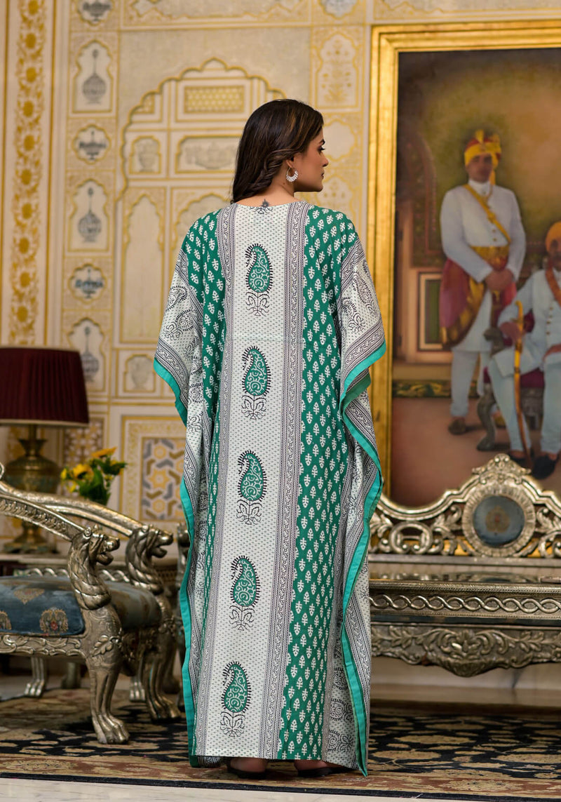 Green Multi Ethnic Print Maternity & Feeding Kaftan Dress with Concealed Zipper