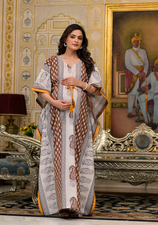 Brown Multi Ethnic Print Maternity & Feeding Kaftan Dress with Concealed Zipper