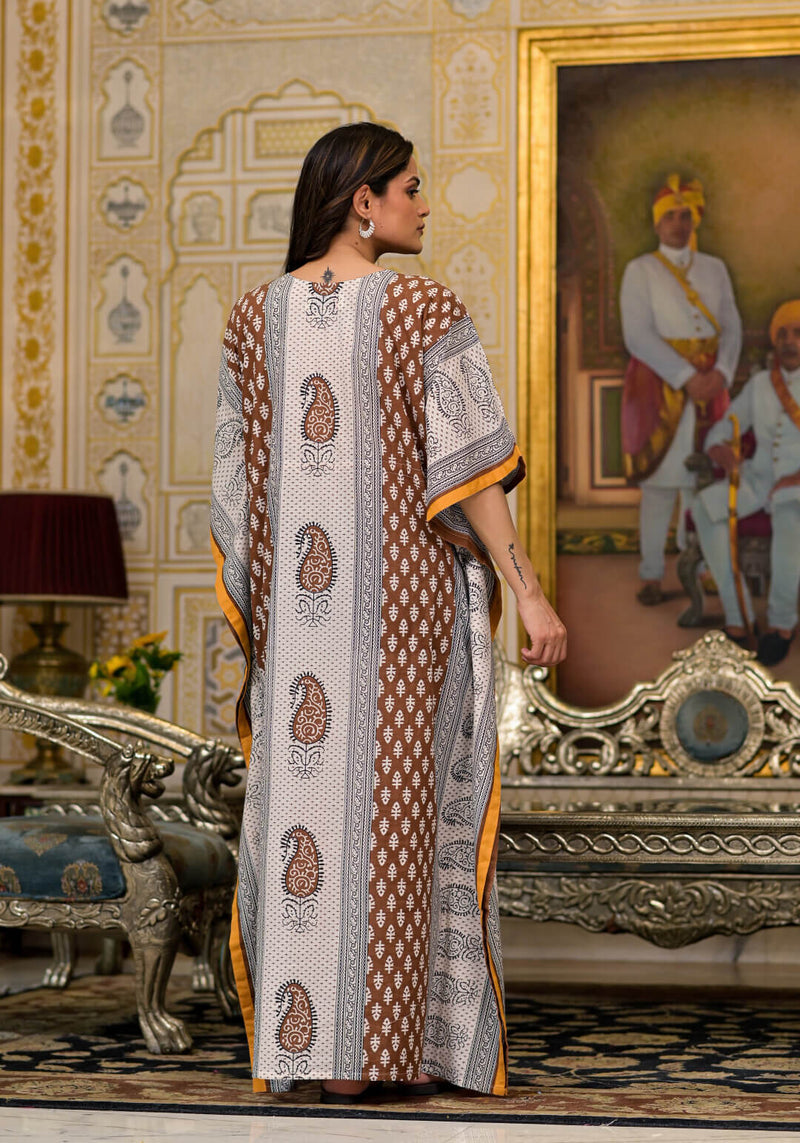 Brown Multi Ethnic Print Maternity & Feeding Kaftan Dress with Concealed Zipper