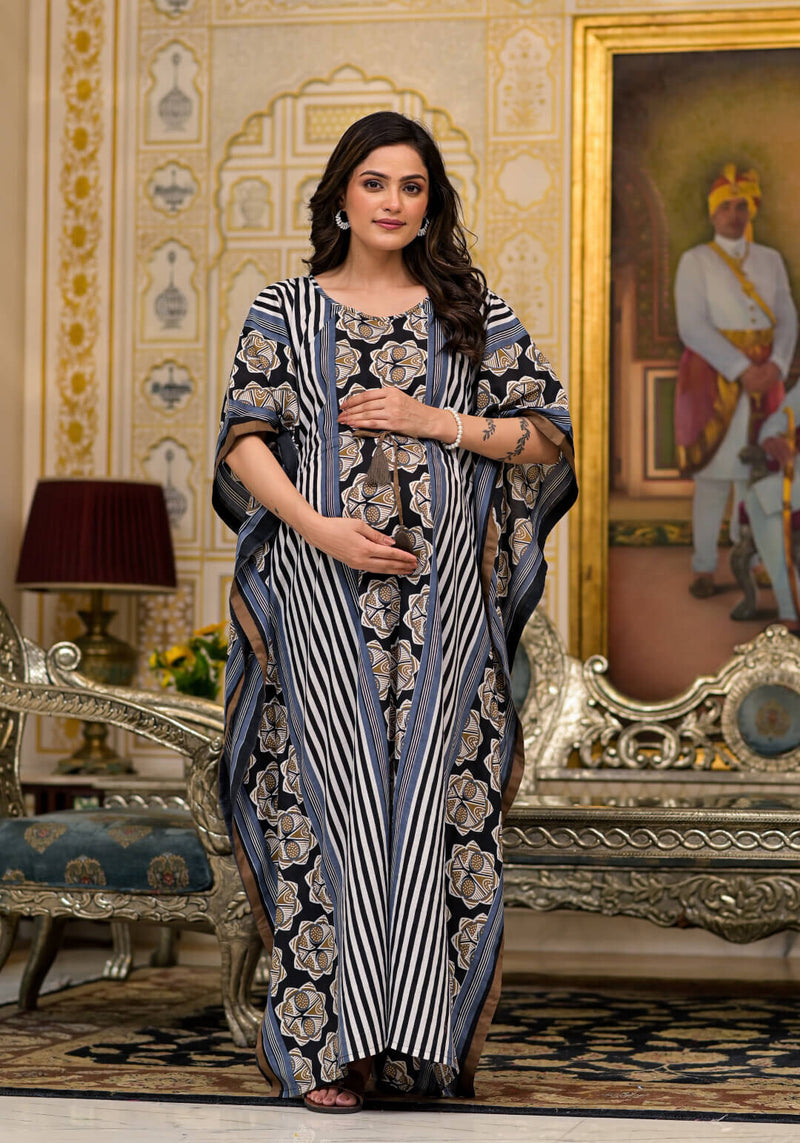 Black Brown Ethnic Print Maternity & Feeding Kaftan Dress with Concealed Zipper