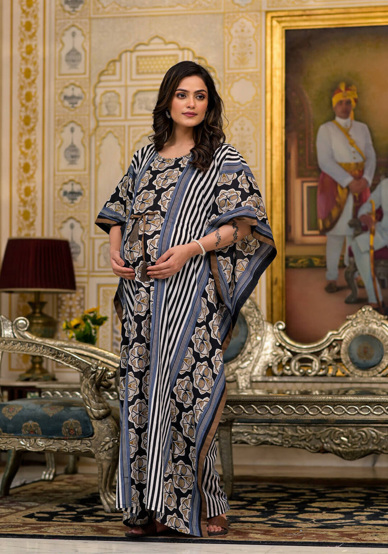 Black Brown Ethnic Print Maternity & Feeding Kaftan Dress with Concealed Zipper