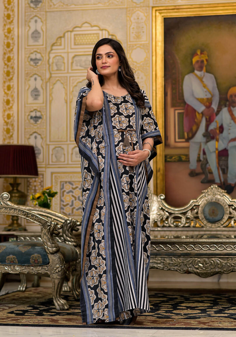 Black Brown Ethnic Print Maternity & Feeding Kaftan Dress with Concealed Zipper