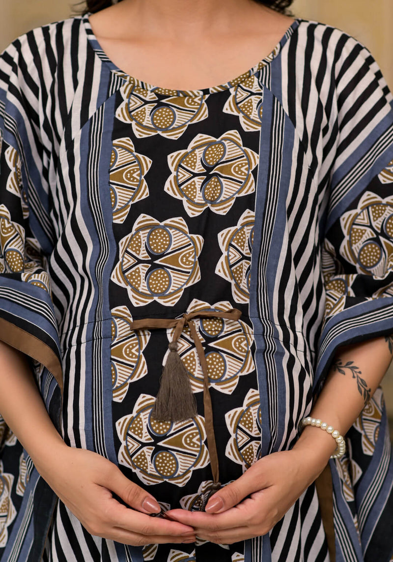 Black Brown Ethnic Print Maternity & Feeding Kaftan Dress with Concealed Zipper
