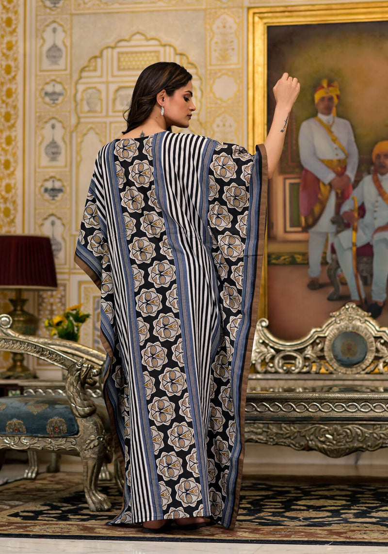 Black Brown Ethnic Print Maternity & Feeding Kaftan Dress with Concealed Zipper