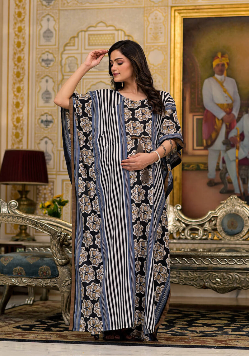 Black Brown Ethnic Print Maternity & Feeding Kaftan Dress with Concealed Zipper