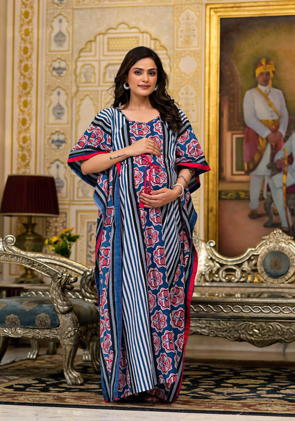 Indigo Red Ethnic Print Maternity & Feeding Kaftan Dress with Concealed Zipper
