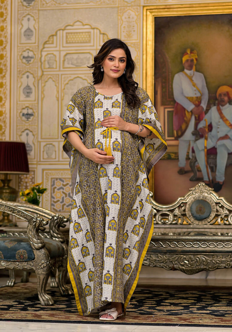 Mustard Taupe Ethnic Print Maternity & Feeding Kaftan Dress with Concealed Zipper