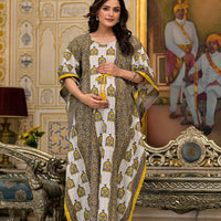 Mustard Taupe Ethnic Print Maternity & Feeding Kaftan Dress with Concealed Zipper
