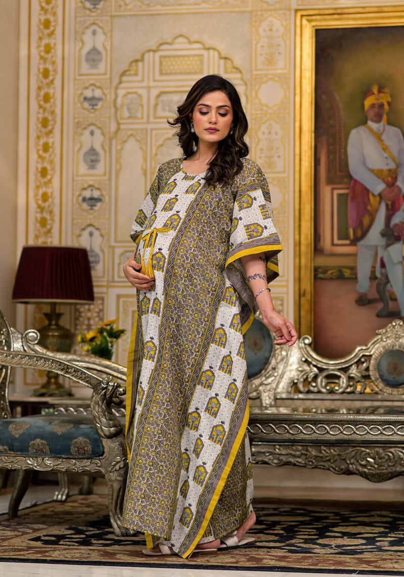 Mustard Taupe Ethnic Print Maternity & Feeding Kaftan Dress with Concealed Zipper