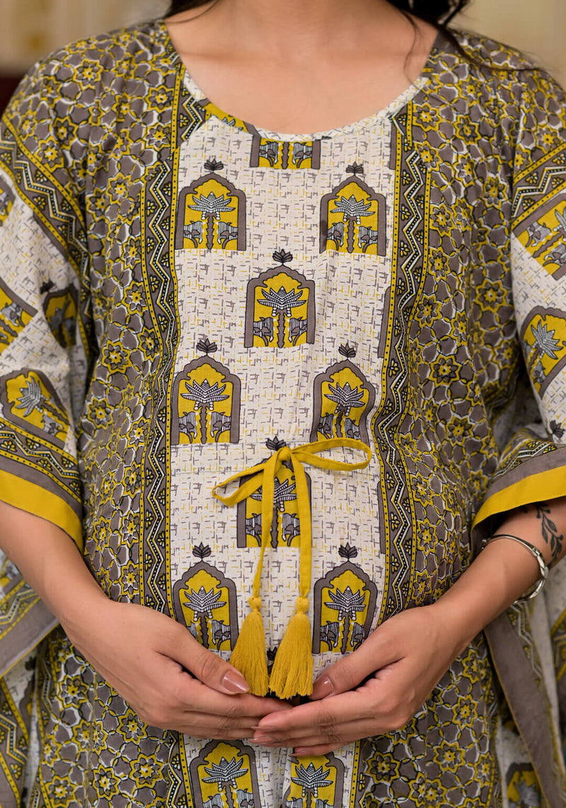 Mustard Taupe Ethnic Print Maternity & Feeding Kaftan Dress with Concealed Zipper
