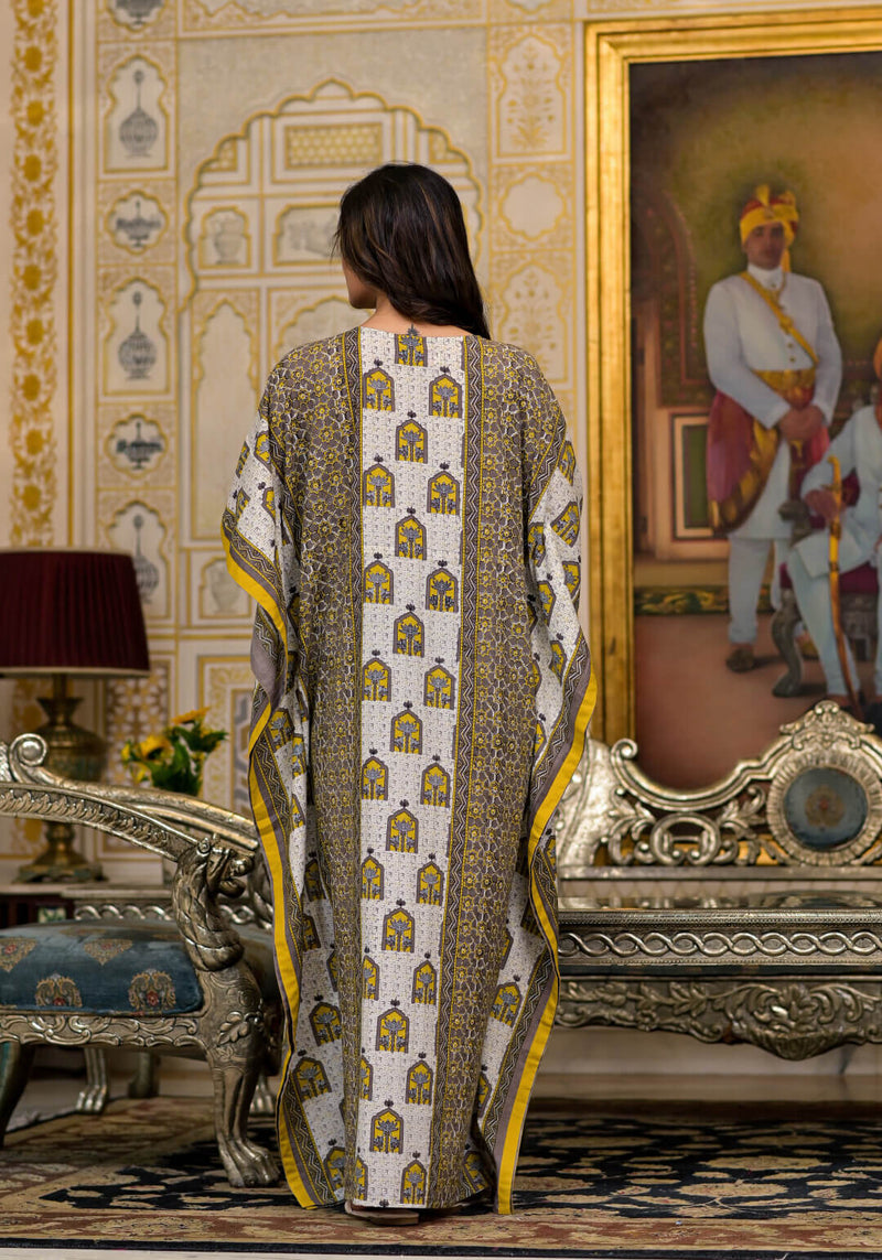 Mustard Taupe Ethnic Print Maternity & Feeding Kaftan Dress with Concealed Zipper