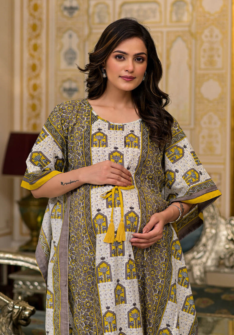 Mustard Taupe Ethnic Print Maternity & Feeding Kaftan Dress with Concealed Zipper