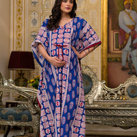Indigo Red Ethnic Printed Maternity & Feeding Kaftan Dress with Concealed Zipper