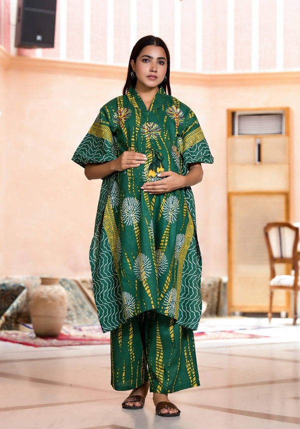 Bottle Green Yellow Ethnic Print Cotton Maternity & Feeding Kaftan Kurta Set with Concealed Zipper