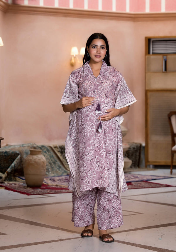 Onion Pink Ethnic Print Cotton Maternity & Feeding Kaftan Kurta Set with Concealed Zipper