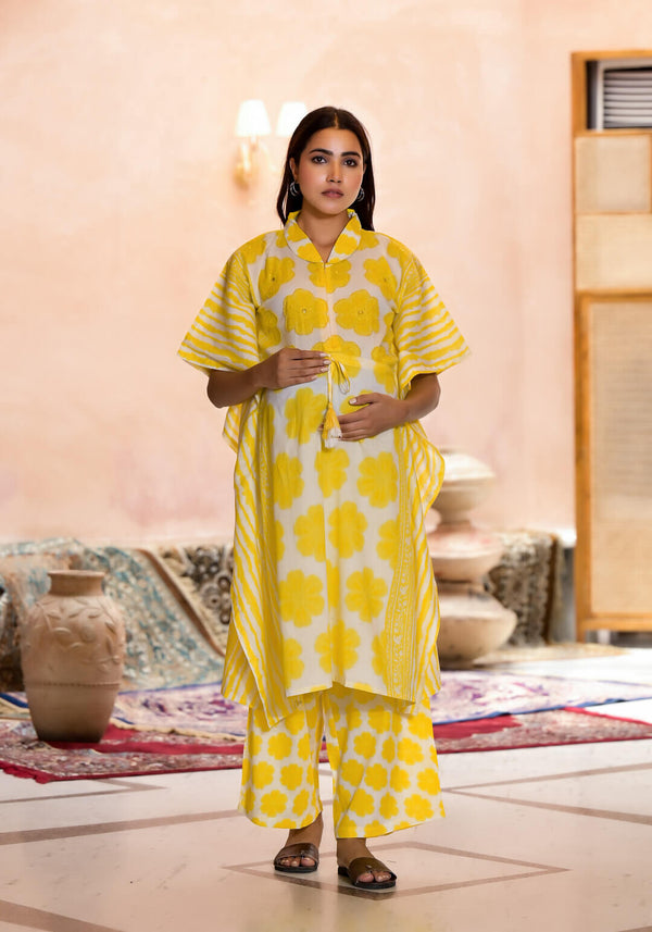 Yellow Floral Print Cotton Maternity & Feeding Kaftan Kurta Set with Concealed Zipper