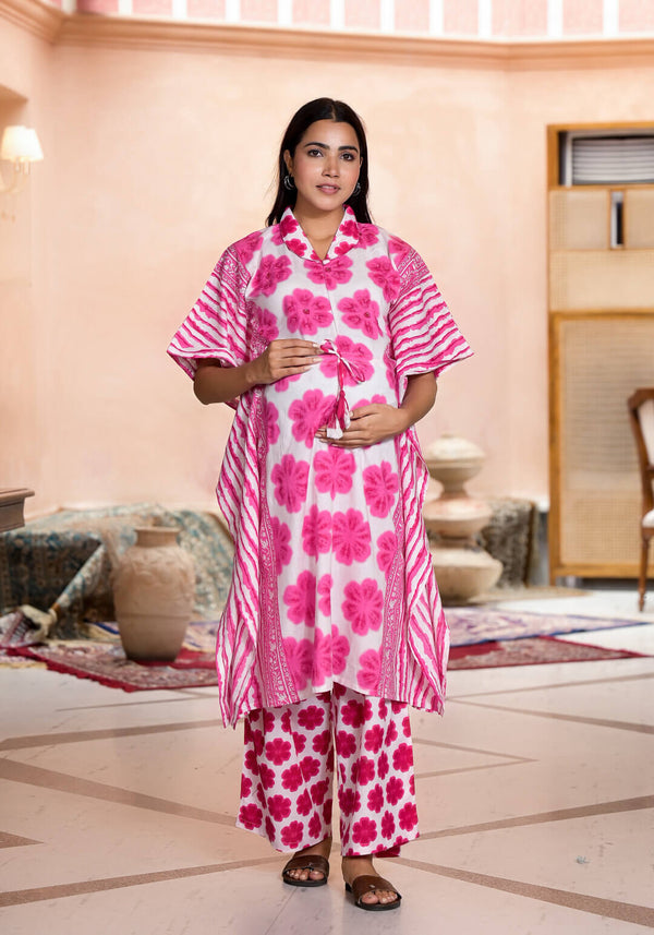 Pink Floral Print Cotton Maternity & Feeding Kaftan Kurta Set with Concealed Zipper