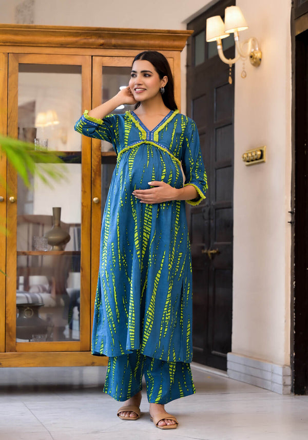 Blue Green Ethnic Print Cotton Maternity & Feeding-Friendly Flare Kurta Set