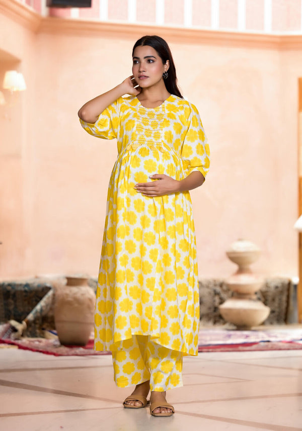 Yellow Floral Print Cotton Maternity & Feeding-Friendly Flare Kurta Set
