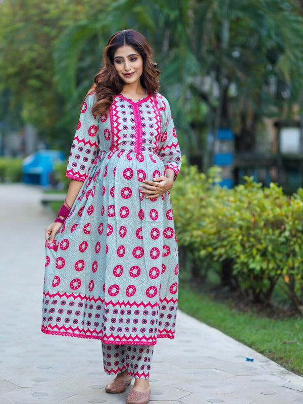 Grey Fuchsia Ethnic Print Cotton Maternity & Feeding-Friendly Flare Kurta Set