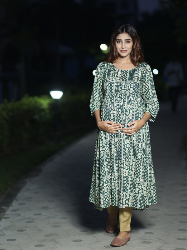 Bottle Green Floral Print Cotton Maternity & Feeding Flare Kurta with Concealed Zipper