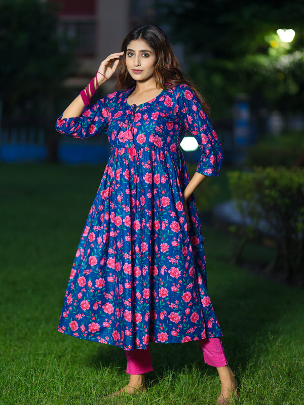 Royal Blue Floral Print Cotton Maternity & Feeding Flare Kurta with Concealed Zipper