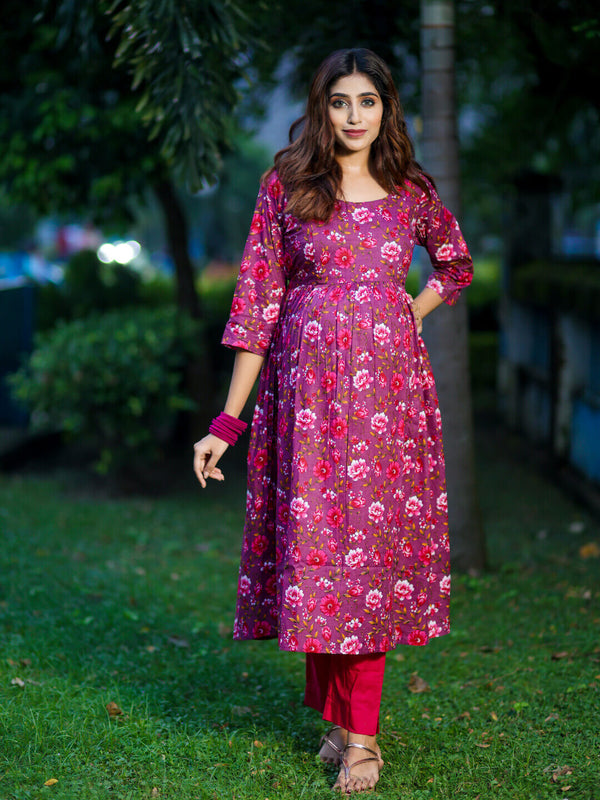 Plum Floral Print Cotton Maternity & Feeding Flare Kurta with Concealed Zipper