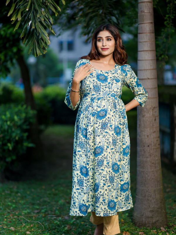 Cream Blue Floral Print Cotton Maternity & Feeding Flare Kurta with Concealed Zipper