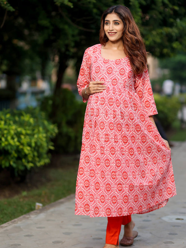 Peach Ethnic Print Cotton Maternity & Feeding Flare Kurta with Concealed Zipper