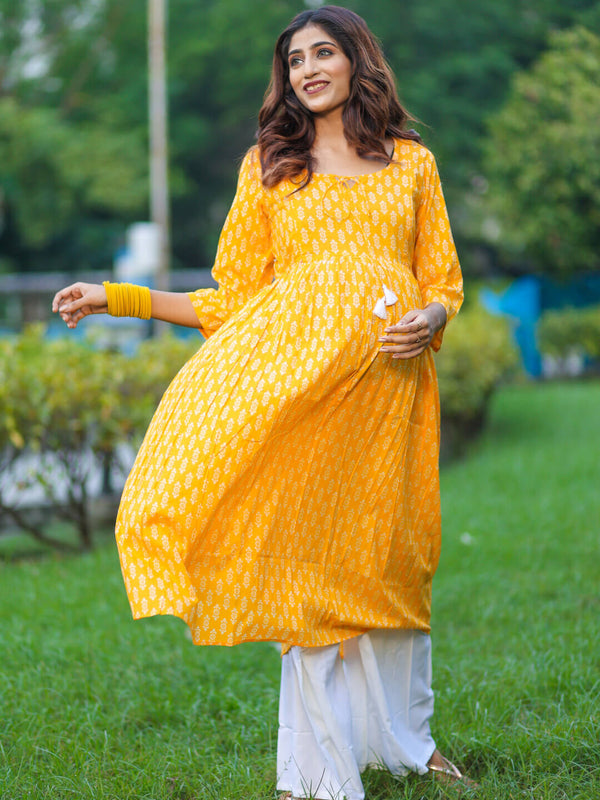 Yellow Ethnic Print Cotton Maternity & Feeding Flare Kurta with Concealed Zipper