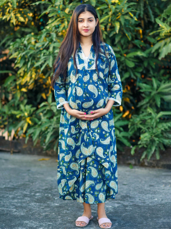 Teal Blue Ethnic Print Cotton Maternity & Feeding Asymmetrical Kurta Set with Concealed Zipper