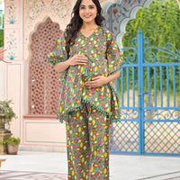 Green Multi Geometric Print Maternity Feeding-Friendly Kaftan Night Suit with Concealed Zipper
