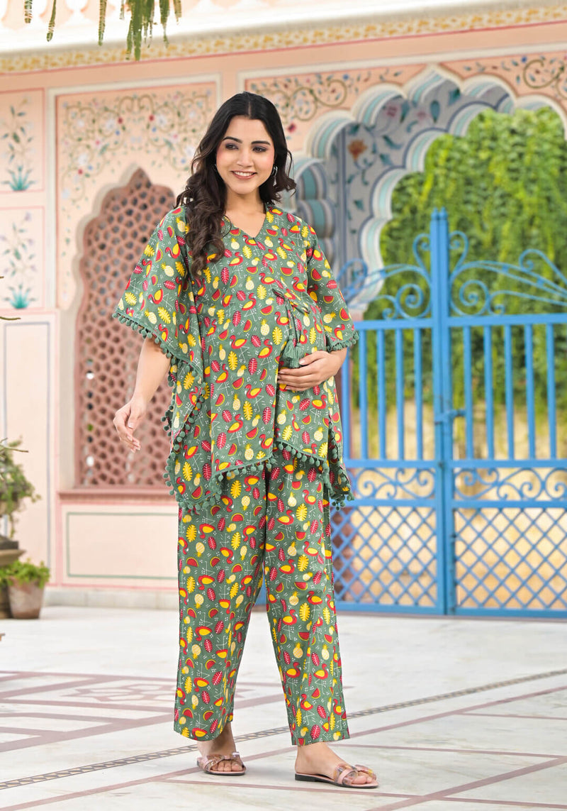 Green Multi Geometric Print Maternity Feeding-Friendly Kaftan Night Suit with Concealed Zipper