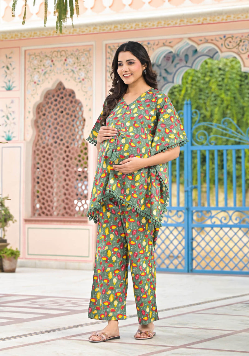 Green Multi Geometric Print Maternity Feeding-Friendly Kaftan Night Suit with Concealed Zipper