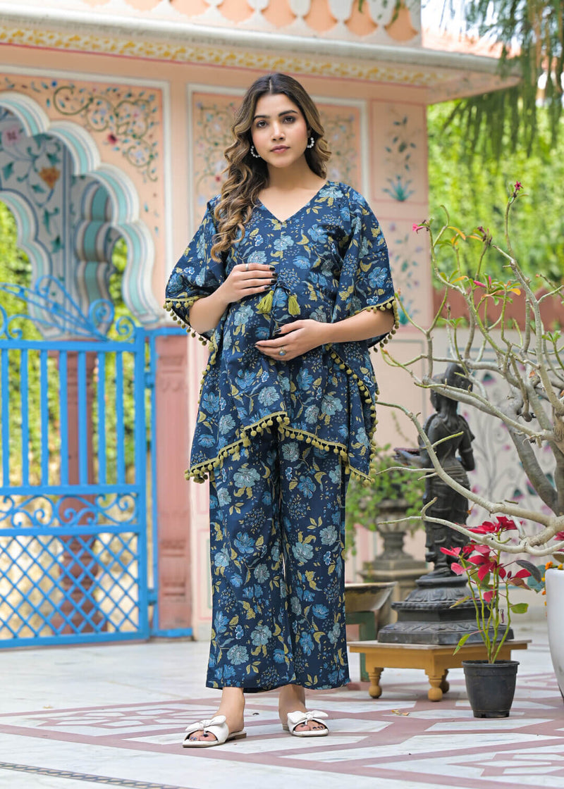 Indigo Floral Print Maternity Feeding-Friendly Kaftan Night Suit with Concealed Zipper