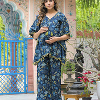 Indigo Floral Print Maternity Feeding-Friendly Kaftan Night Suit with Concealed Zipper