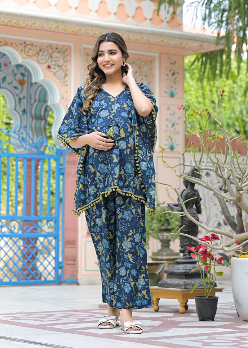 Indigo Floral Print Maternity Feeding-Friendly Kaftan Night Suit with Concealed Zipper