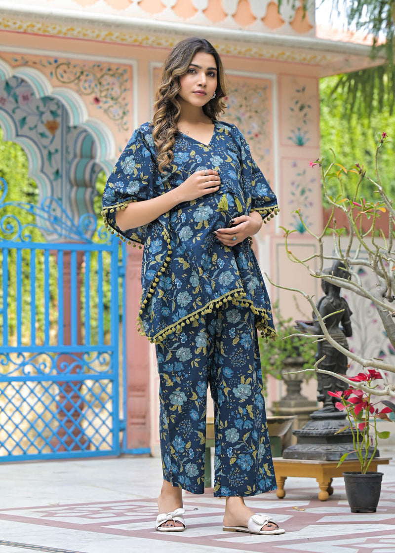 Indigo Floral Print Maternity Feeding-Friendly Kaftan Night Suit with Concealed Zipper