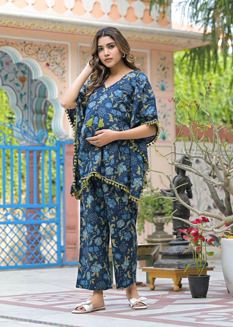 Indigo Floral Print Maternity Feeding-Friendly Kaftan Night Suit with Concealed Zipper