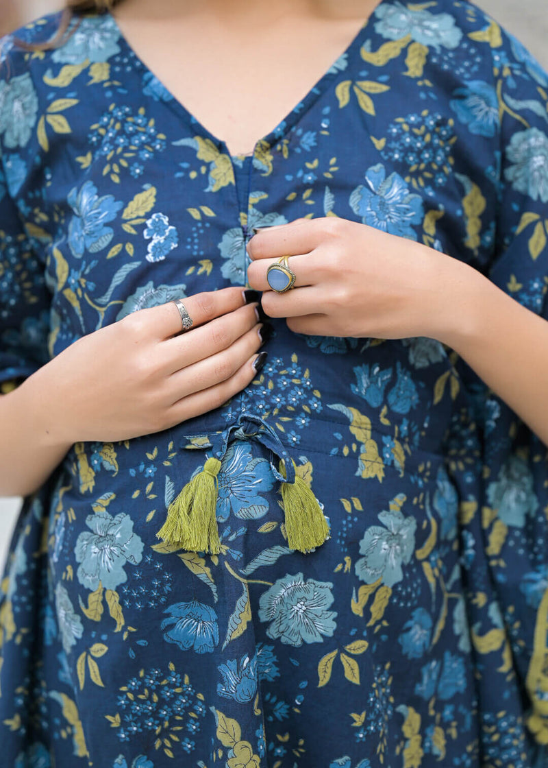 Indigo Floral Print Maternity Feeding-Friendly Kaftan Night Suit with Concealed Zipper