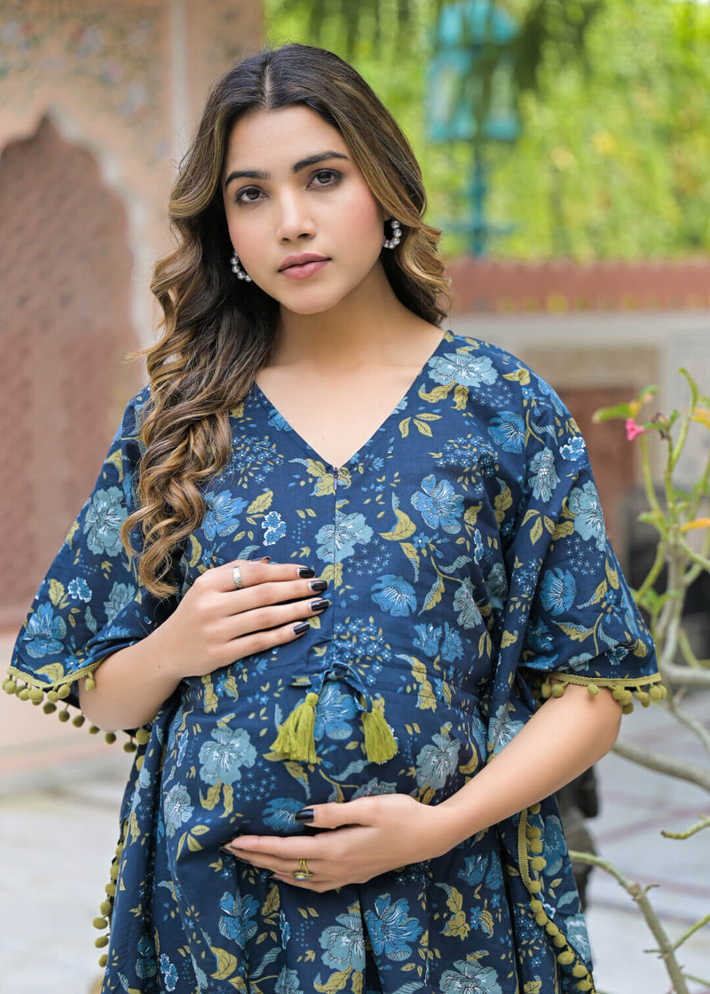 Indigo Floral Print Maternity Feeding-Friendly Kaftan Night Suit with Concealed Zipper