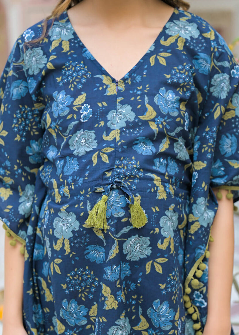 Indigo Floral Print Maternity Feeding-Friendly Kaftan Night Suit with Concealed Zipper