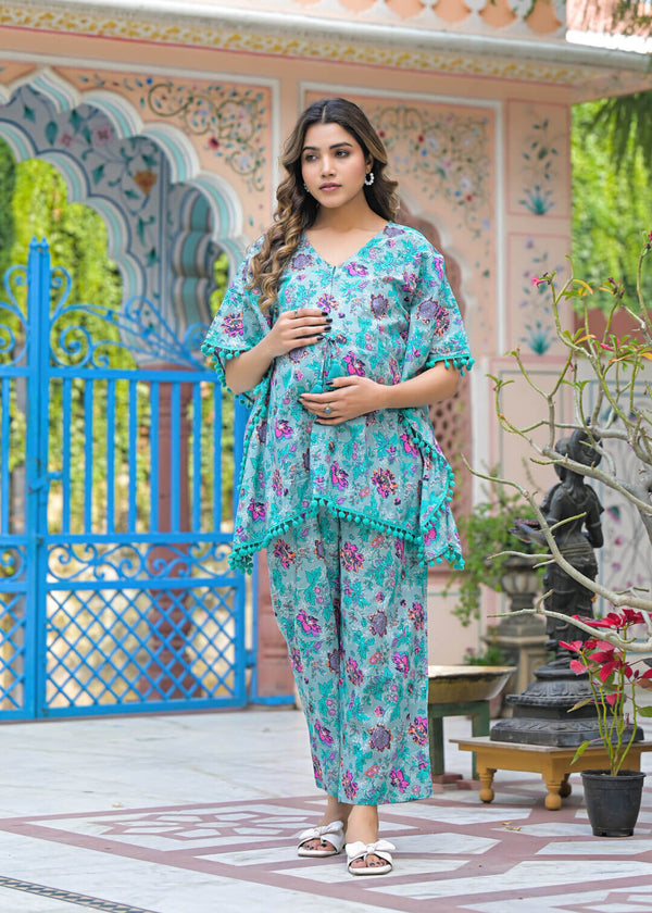 Turquoise Blue Floral Print Maternity Feeding-Friendly Kaftan Night Suit with Concealed Zipper