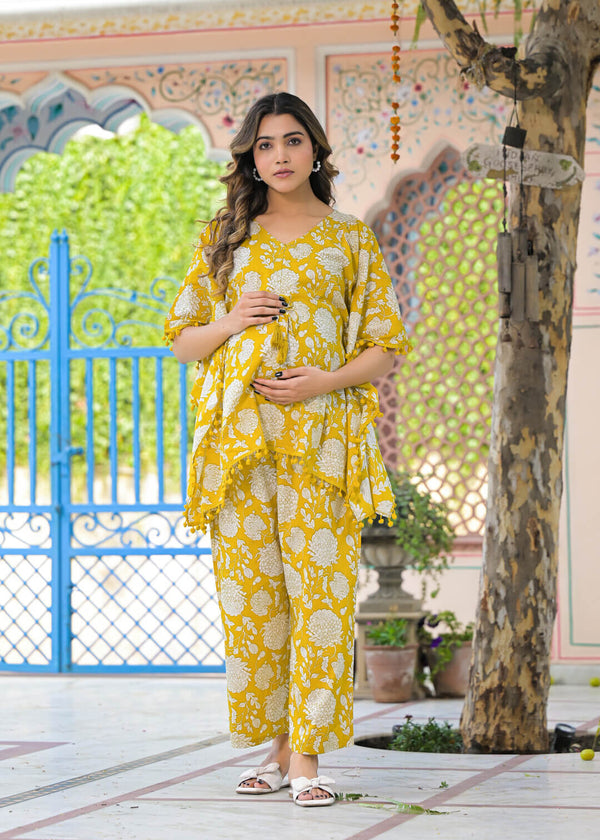 Mustard Floral Print Maternity Feeding-Friendly Kaftan Night Suit with Concealed Zipper